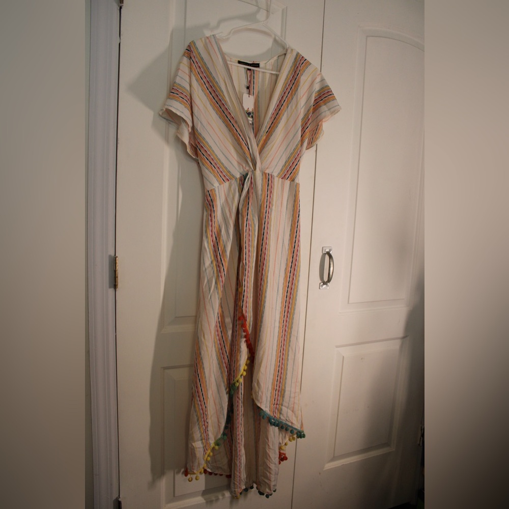 Striped Cream Maxi Wrap Dress with Multicolor Pom Accent